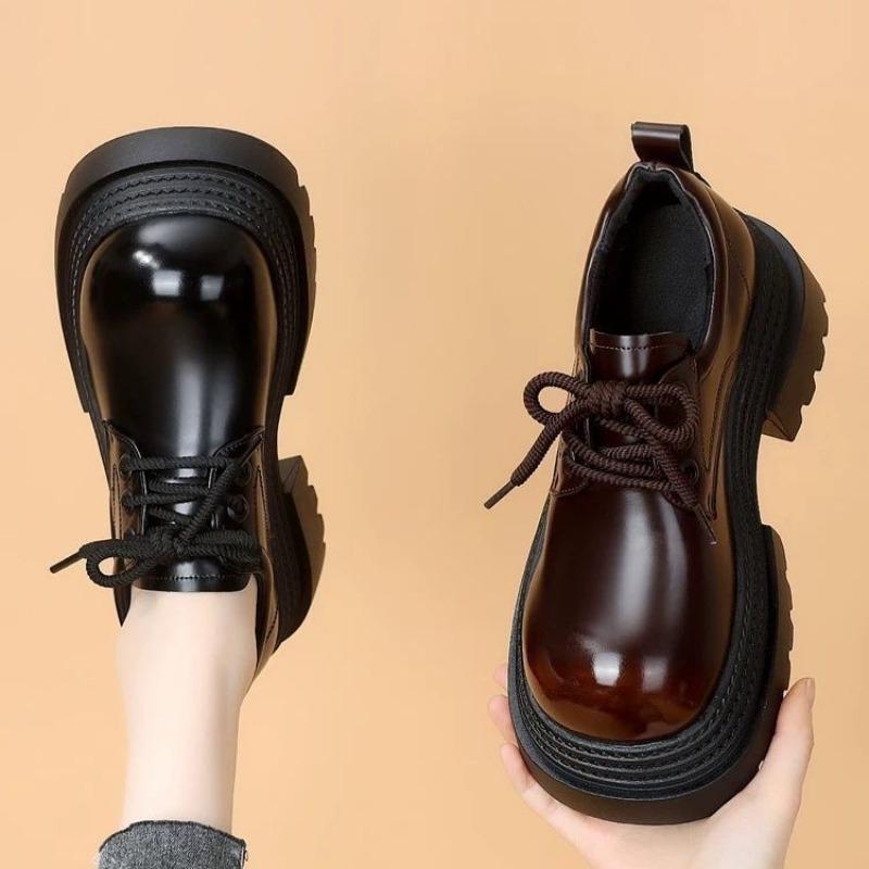 Women's Thick Sole Heeled Laced  Korean Style Loafers 2025 Spring Autumn New Design British Fashion Lace Up Shoes
