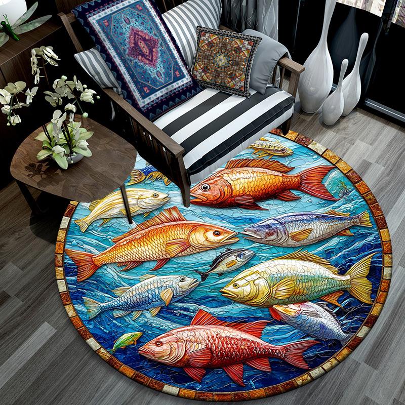 Ocean Fishes Round Area Rug,Carpet Rug for Living Room Bedroom Sofa Playroom Decor,Non-slip Floor Mat