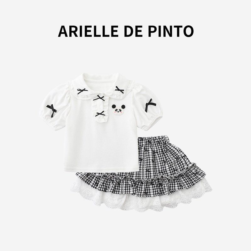 French Arielle De Pinto Girls Two-Piece Summer Sweet Panda Bow Plaid Skirt Set Suit 140