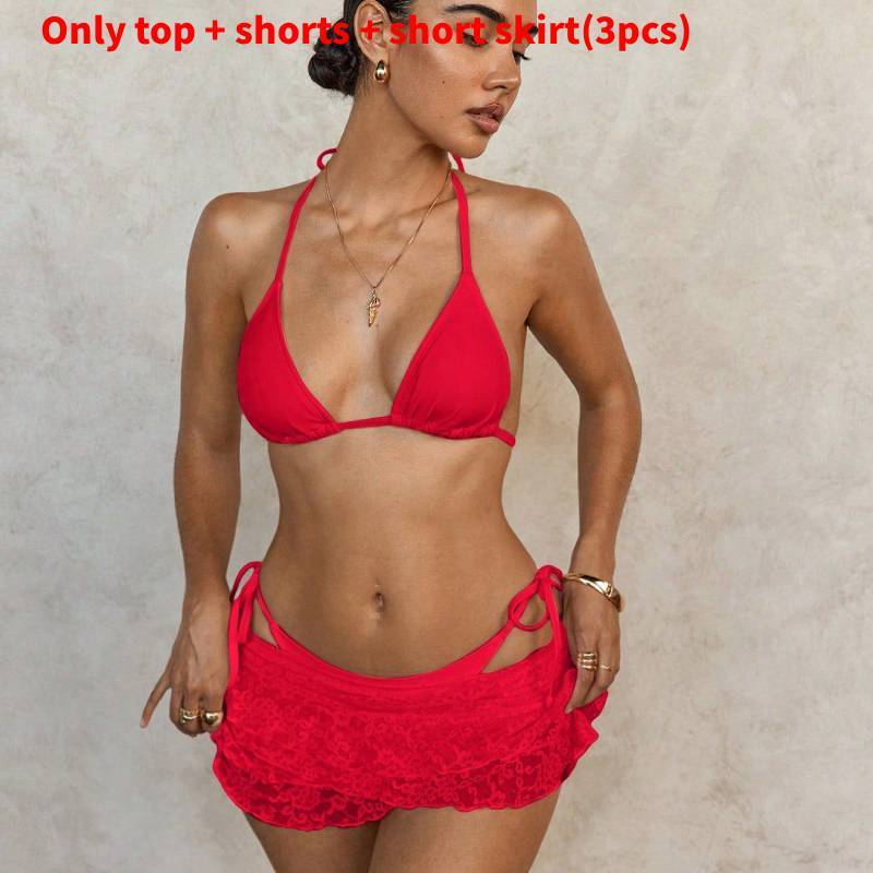 Bikini Set For Women With Lace Coverup And Tie Neck Design For Swimming And Water Sports