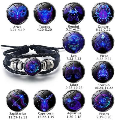 Night Light Up Zodiac Sign Braided Leather Bracelet for Men Women - 12 Constellation Horoscope Adjustable Wristband