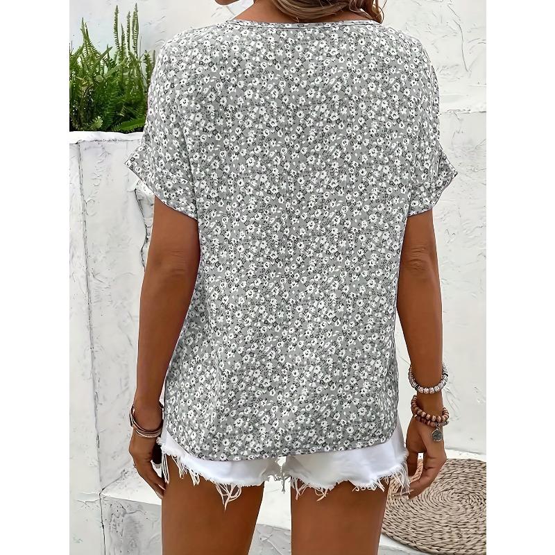 Summer Printed Women's T-shirt Elegant Floral Buttons Short Sleeve Loose Casual T-shirts Women Fashion Vintage Office Ladies Pullover Tee Tops New