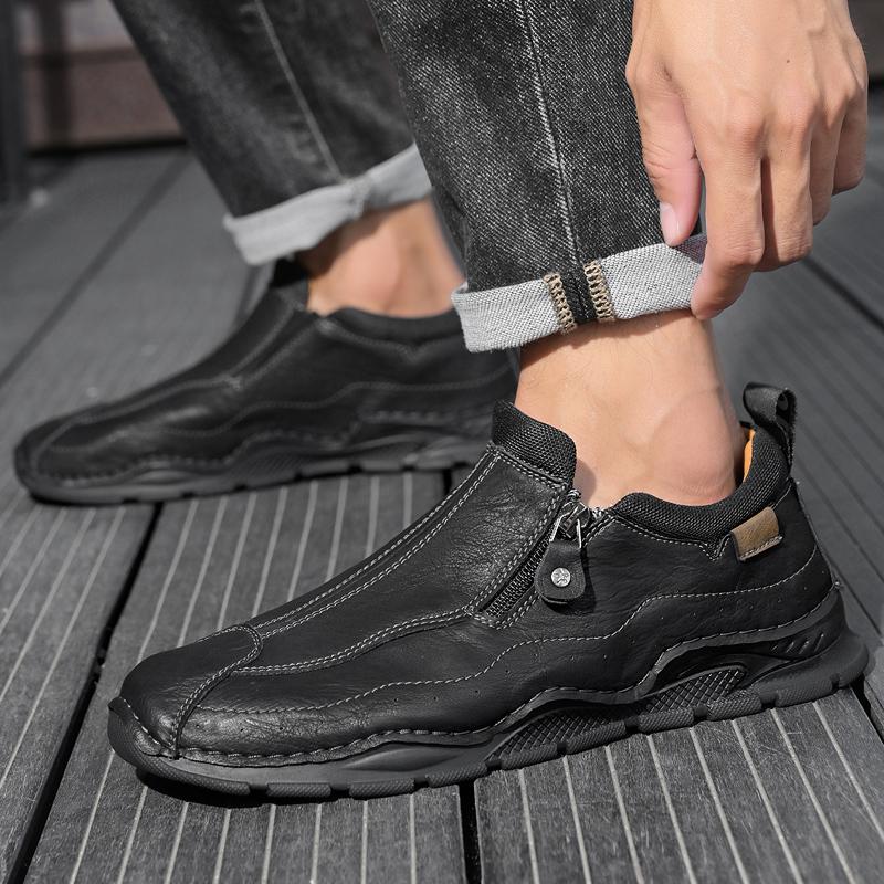 Men's Low-top Leather Shoes Zipper Casual Sneakers Plus Size 39-46