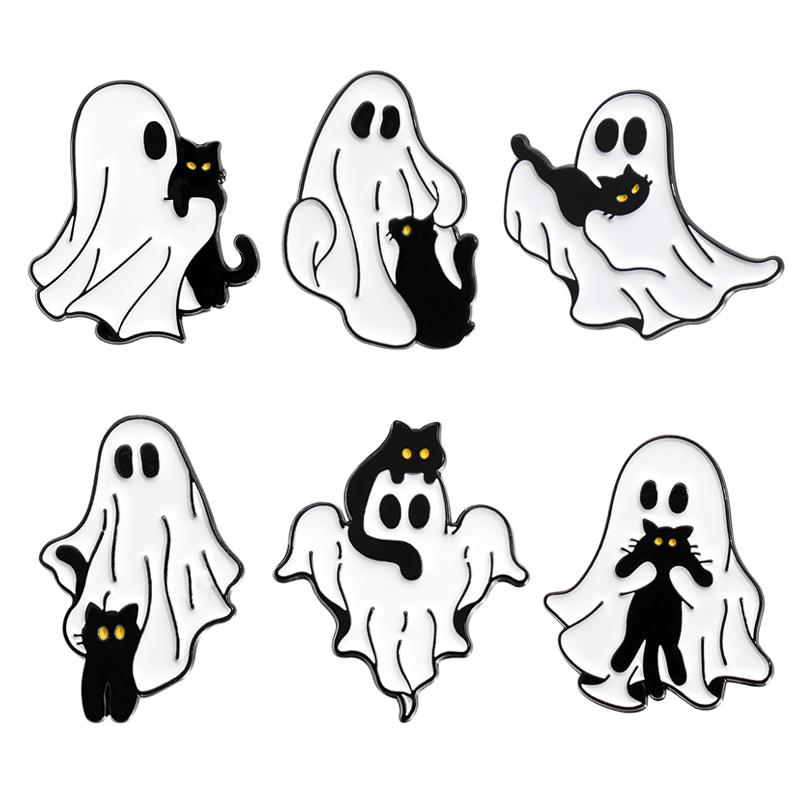 White Ghost With Cat Enamel Pins Spooky Pumpkin Skull Boo Kitten Halloween Brooches Lapel Badge Jewelry Gifts for Friends