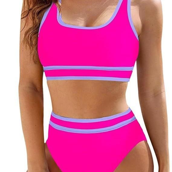 Bikini de Color Sólido de Cintura Alta para Mujer Traje de Dos Piezas Ropa de Playa Multicolor
