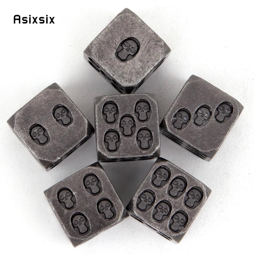 6 Stück Silber Totenkopf Metallwürfel Massivmetall Polyeder Würfel Set Geeignet für Rollenspiele RPG Brettspiele Kartenspiele