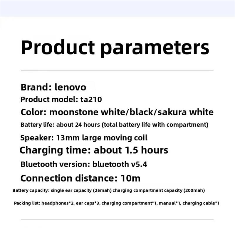 Original Lenovo TA210 Drahtlose Ohrhörer Bluetooth 5.4 Lange Akkulaufzeit Musik Spiel Geräuschunterdrückung Kopfhörer Wasserdichte Sportkopfhörer