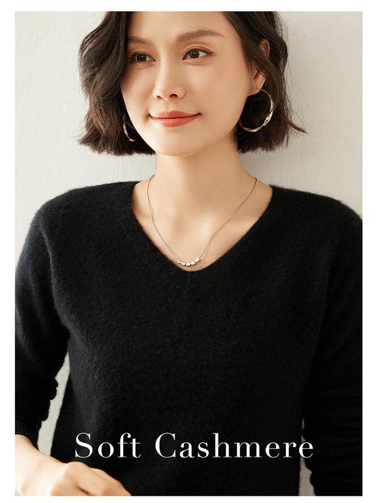 Women's V-Neck Cashmere Sweater - Slim Fit, Hollow Knit Pullover for Autumn/Winter