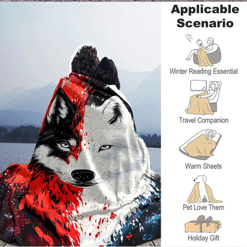 1pc Wolf Face Artwork Blanket, Lightweight Flannel Fleece with Digital Printing, Soft Warm for Sofa, Travel, Camping, Office, Couch, Chair, and Bed, A