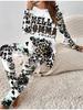 Modă Euro-Americană Imprimeu Leopard 3D Femei Tricou cu Mânecă Lungă Patru Sezoane + Pantaloni Lungi Set Două Piese. Cadou perfect