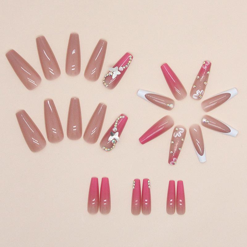 Long ballet gradual change Barbie powder pile diamond butterfly flower manicure ins wind sweet fashion wear nail piece