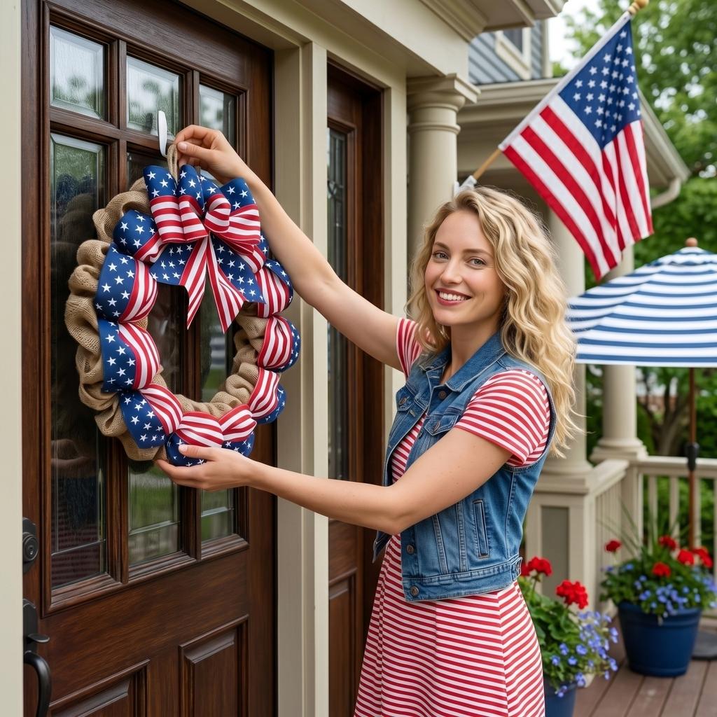 40cm Independence Day Wreath Decoration with Star and Stripe Pattern Ribbon and Burlap Base for Seasonal Home and Door Display
