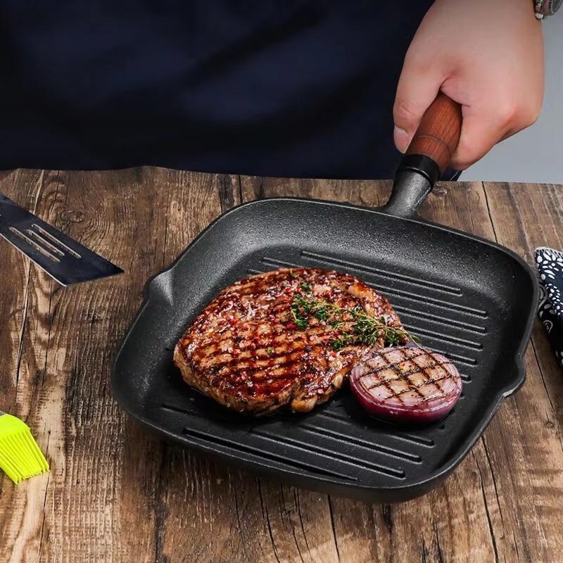 Cookware Cast Iron Square Grill Pan Steak Fry Pan with Wood Handle