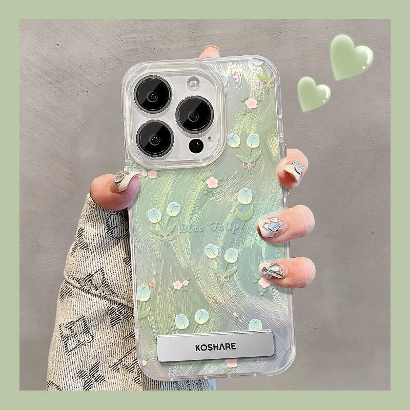 Applicable To Apple 15pro Mobile Phone Case Iphone14plus Smudge Tulip Stand 13 High-end Feather Yarn IMD