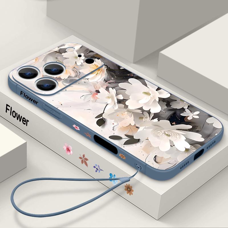 Wrist Strap Lanyard TPU Phone Case For iPhone 17 16 15 Pro Max 13 14 Pro Max 17e 16e 11 White Flower Soft Silicone Back Cover