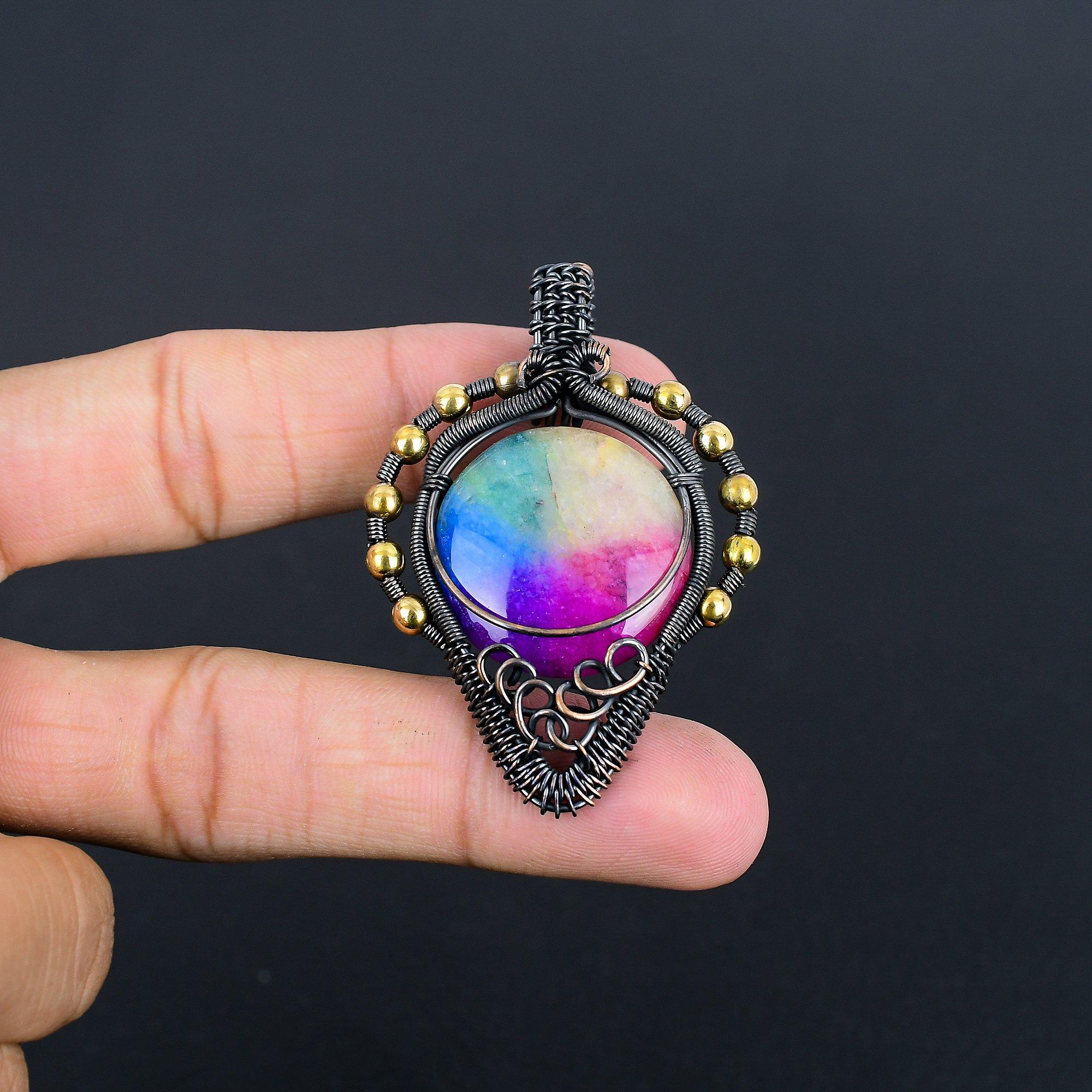 

Кулон из Радужного Солнечного Кварца, обернутый медной проволокой 999 пробы, Ювелирное изделие с подвеской из драгоценного камня ручной работы, Подарки для жены, Новая подвеска 2.28 Inches