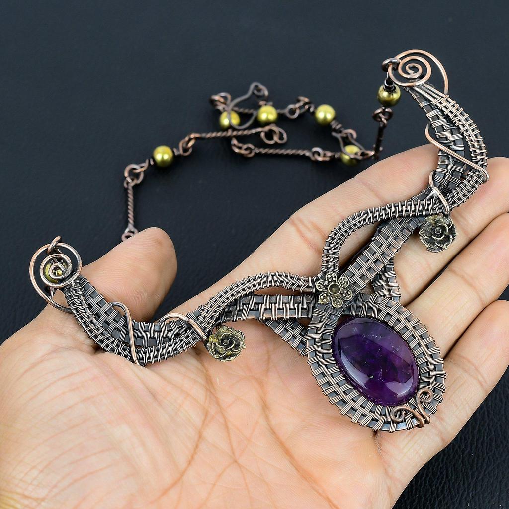 Amethyst Necklace Handmade Jewelry, 999 Copper Wire Wrapped Necklace Designer Gemstone Jewelry Adjustable Chain Necklace Gift For Mom