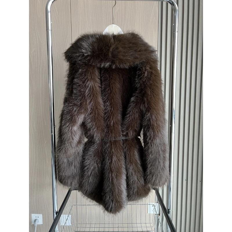 Iarnă Moda Femei cu rever maro închis Premium cu centură Blană artificială Palton cald