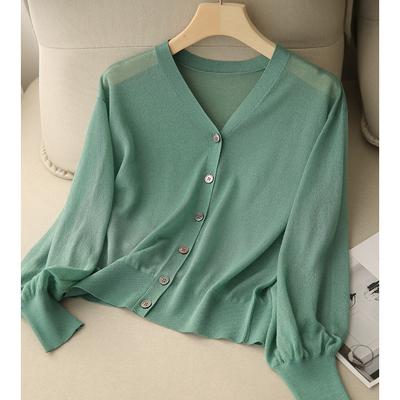 Summer and Autumn Women's Cardigan Lightweight Breathable V-Neck Thinly Knit Cardigan Long Sleeve Top