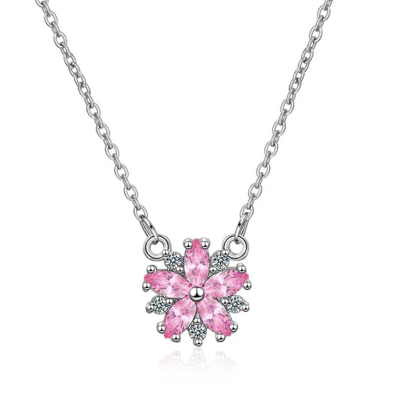 Hot Fashion Pink Zircon Cherry Blossoms Flower Pendant Necklace for Women Girl Silver Clavicular Chain