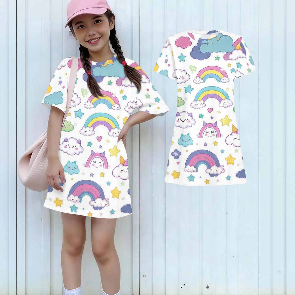 Girls Print Casual Dress Kids Loose Round Neck Short Sleeve Thin Sundress