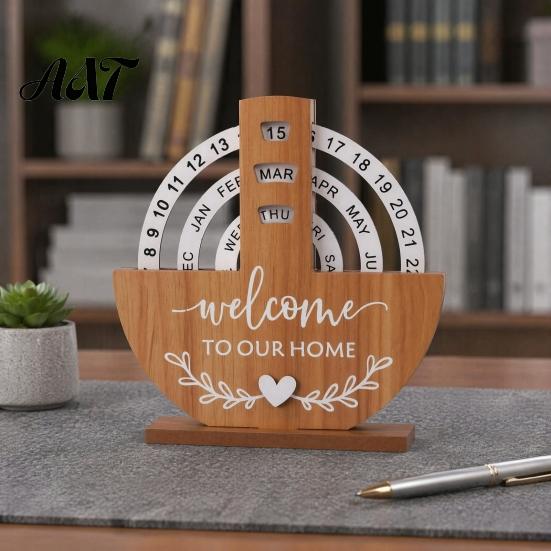 Retro Desktop Calendar Decoration Wooden Perpetual Calendar, Manual Rotating Desk for Home Office Sustainable Decor Decor, Creative Natural Wood Date