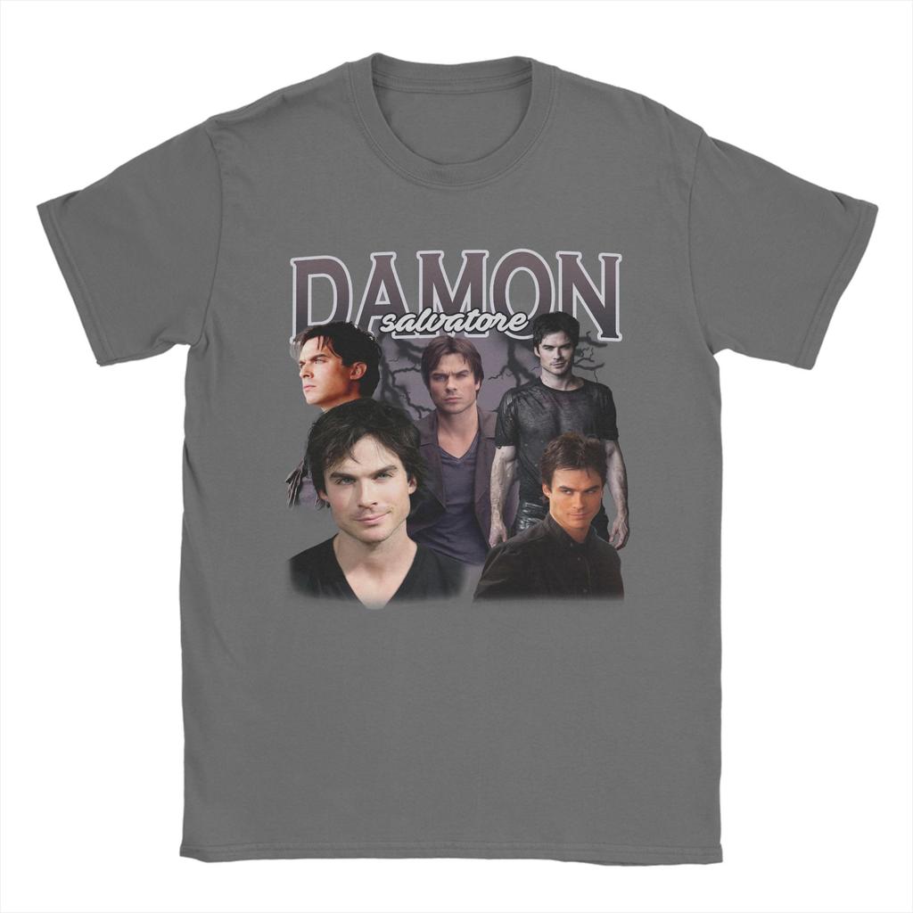 Damon Salvatore TShirts for Unisex Crewneck Pure Cotton T Shirts The Vampire Diaries Ian Somerhalder Short Sleeve Tees Clothing