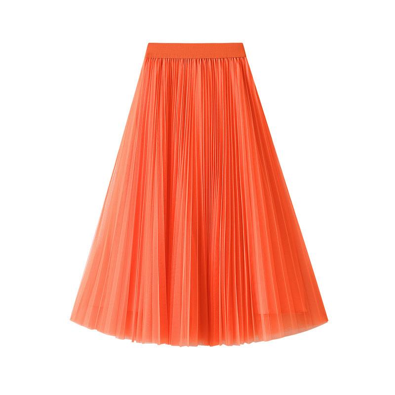 Qooth Elegant Women A Line Tulle Pleated Skirt Wide Hem Mid Length Elastic Waist Casual Skirt QT2691