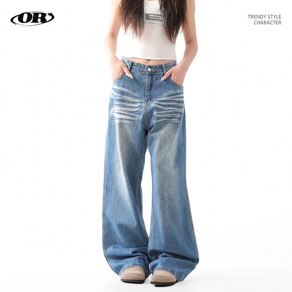 Ladies' Retro Design Versatile Crease Washed Denim Jeans Trendy Straight Leg Wide Leg Mop High Street Jeans