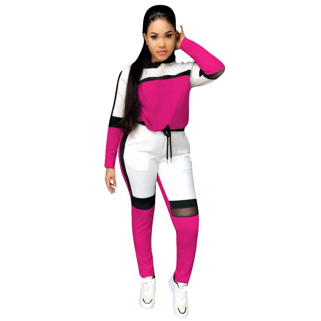 Fashion Women's Casual Color Splicing Long Sleeve T-Shirt Long Pants Sports Set