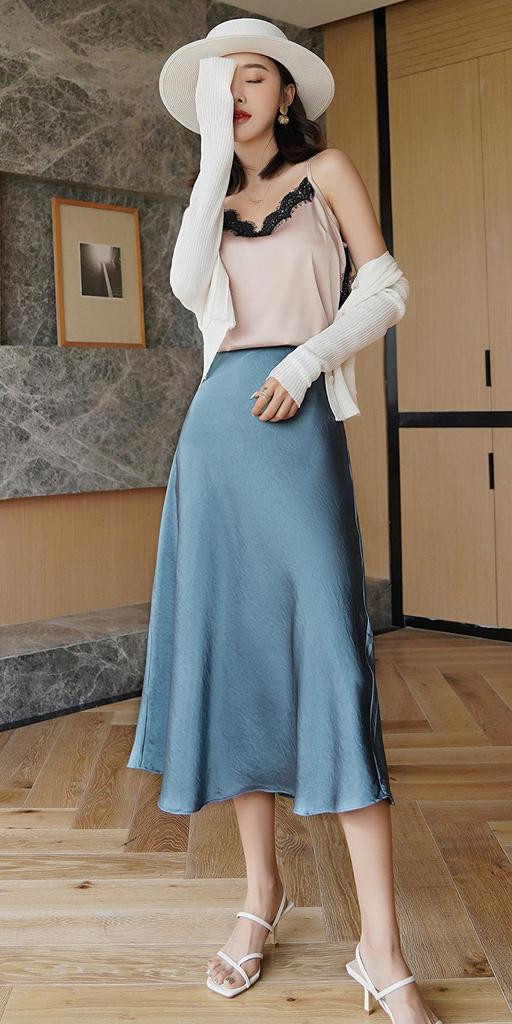 Satin Solid Flared Skirt [syvent] Knee-Length A-Line Skirt, Summer, Knee-Length, Color, Shiny,