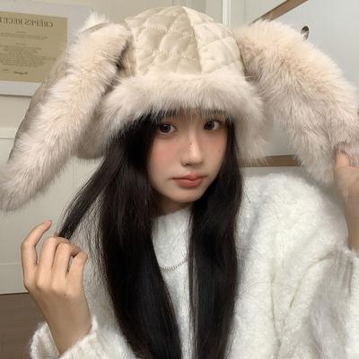 Verspielter Hase~ niedliche Hasenohren Plüschmütze Damen Winter warm Kunstpelz Ohrenschutz Skimütze