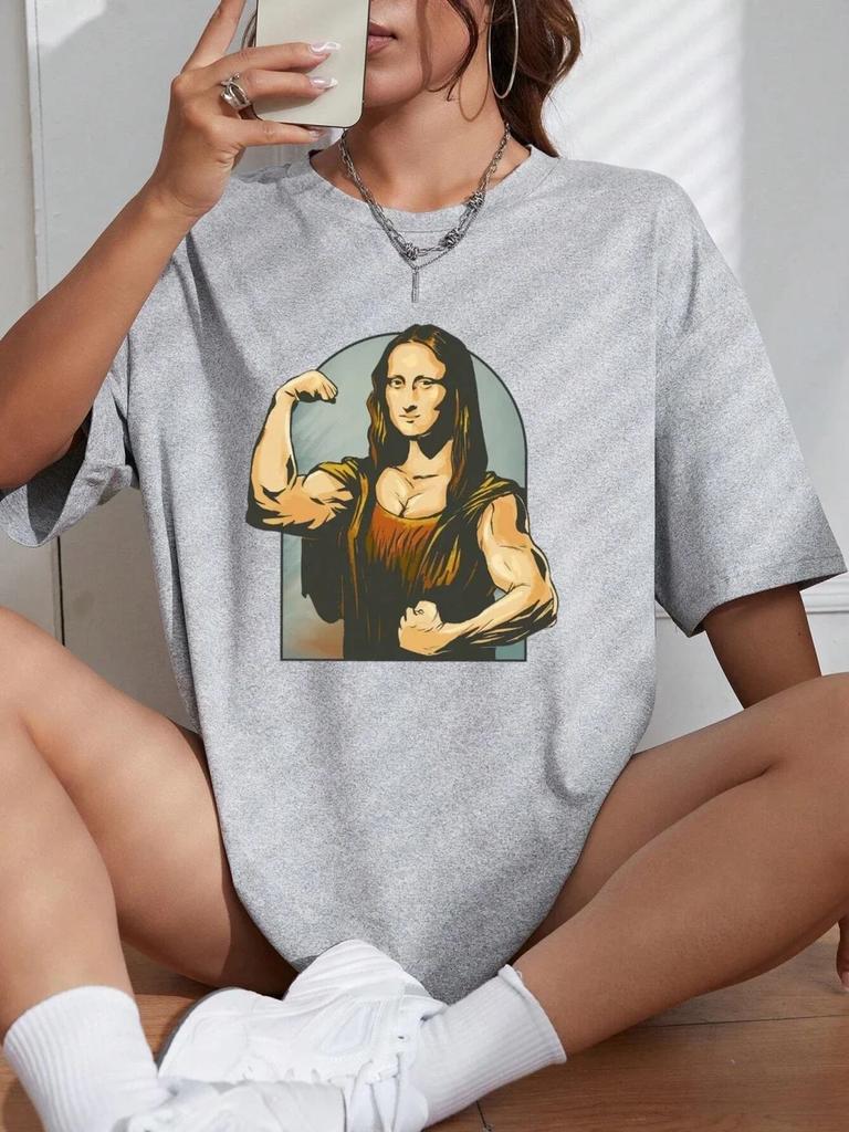 Playing Pranks on Mona Lisa Fitness Print Womens Unisex T Shirt Casual T-Shirt Casual Short Sleeve Loose Tshirt