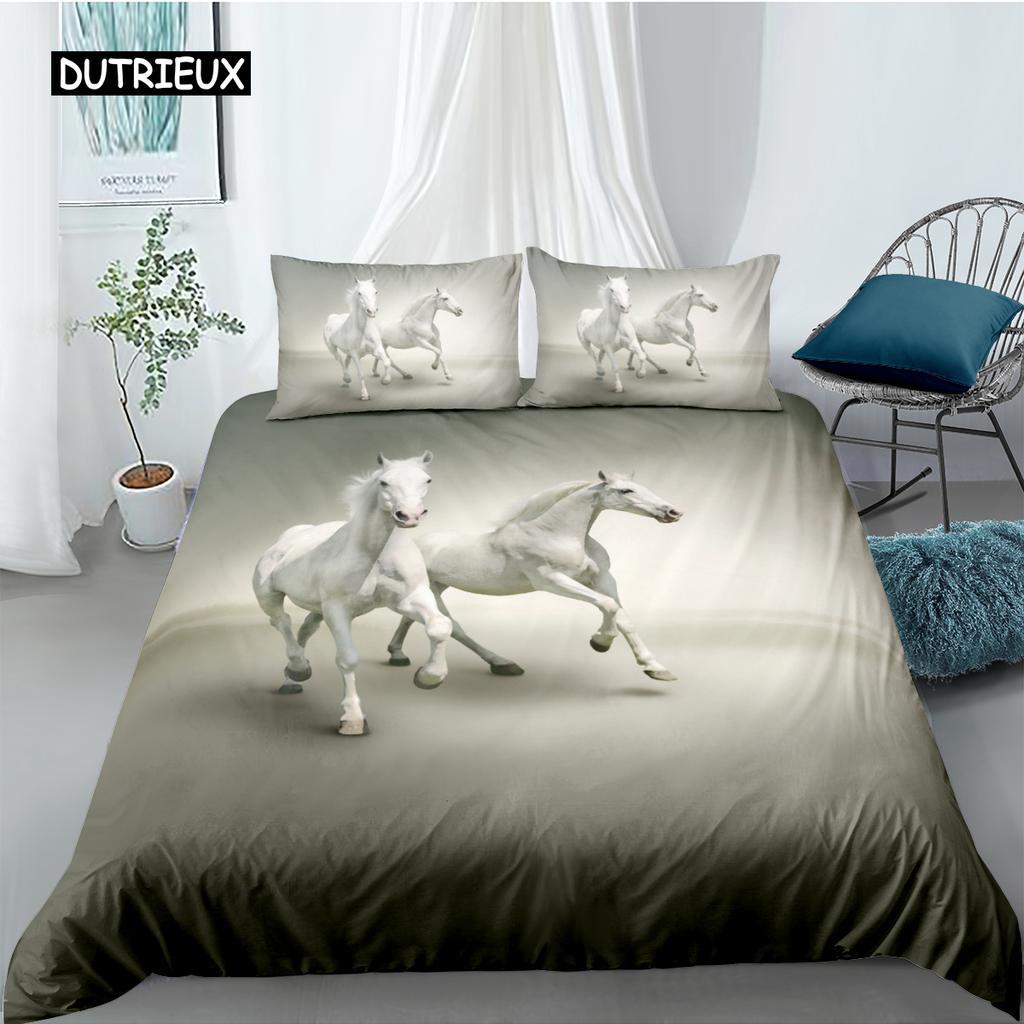 Horse Duvet Cover Set Twin King Size Galloping Steed Bedding Set Microfiber 3D Farm Animals Rustic Country Style Comforter Cover
