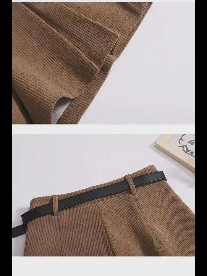 Women's High-Waisted Corduroy Pleated Wide-Leg Shorts, Autumn/Winter 2023, A-Line Boot Pants, Small Sizes