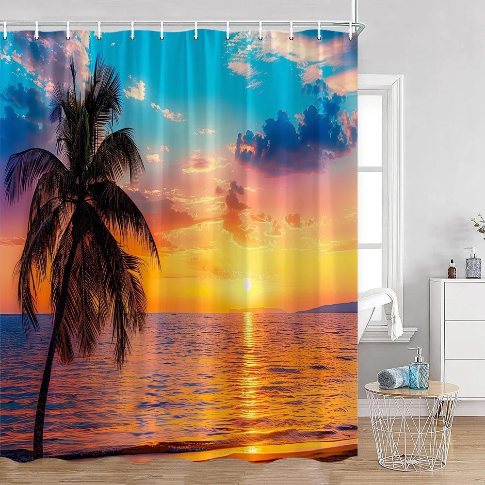 Seaside Landscape Shower Curtains Coconut Trees Tropical Leaves Sea Scenery Bathroom Decor Summer Hawaii Polyester Bath Curtain