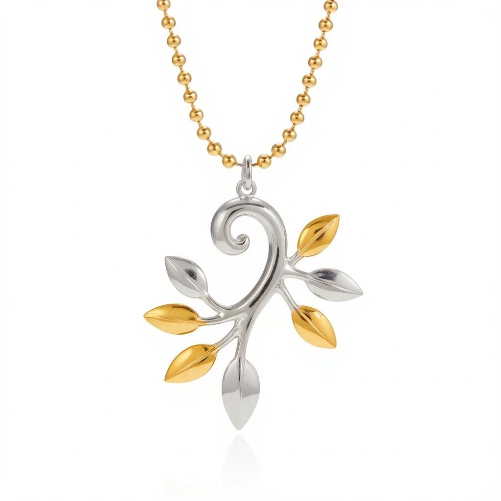 

Silver Dripping Oil Three-Dimensional Butterfly Olive Branch Feather Gold And Silver Splicing Pendant Necklace Electroplating