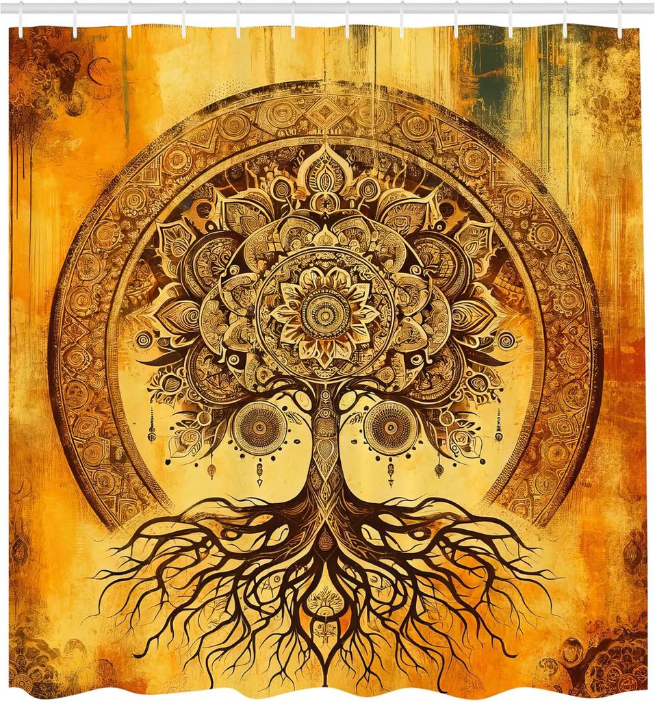 Oriental Atmosphere Warm Tone Mandala Gorgeous Life Tree Shower Curtain, Fabric Bathroom Decorative Shower Curtain With Hook