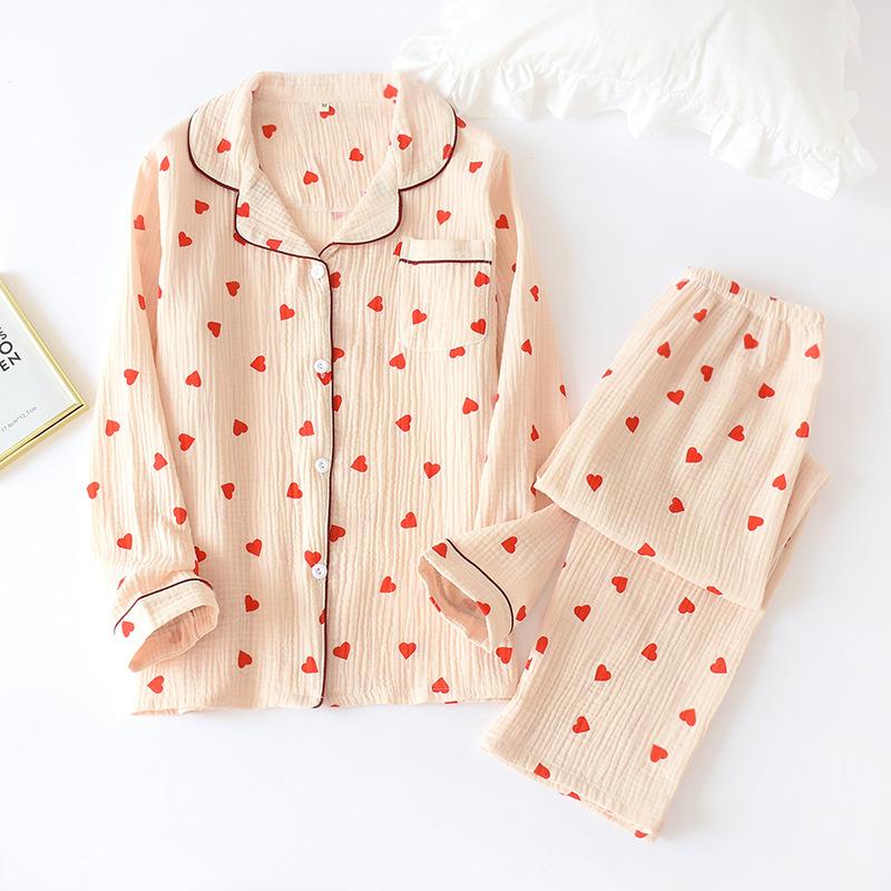 Herbst Damen Reiner Baumwollgaze Langarm Dünner Krepp Sommer Süß Locker Pyjama Loungewear Zweiteiliges Set