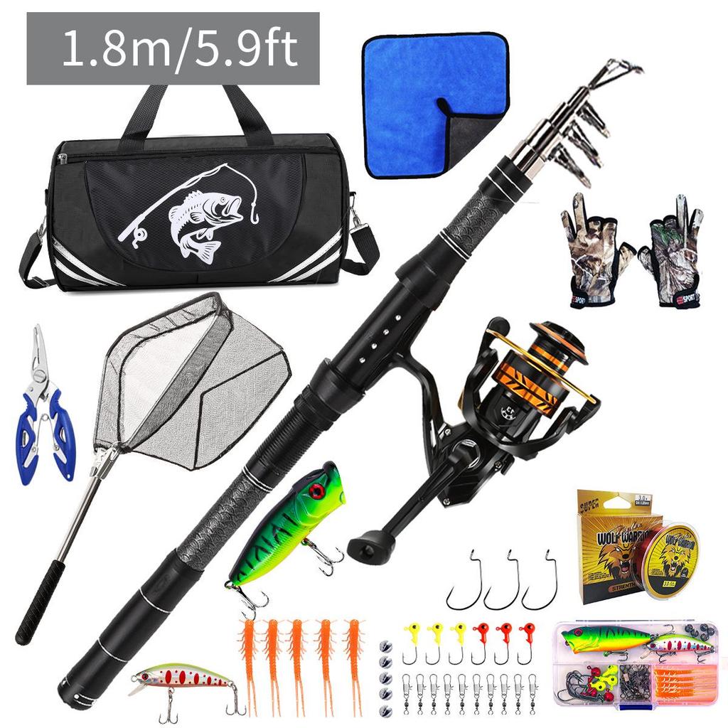 Portable Carbon Lure Rod Set with Fishing Gear Bag & Landing Net for Long Cast