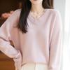 Women's Loose Fit Wool Pullover with Lace Trim & V-Neck – Thickened for Autumn/Winter