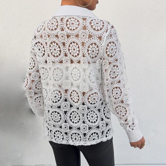 Spring Lace Blouses for Women Elegant Office White Shirt Long Sleeve Button Turn-down Collar Sexy Hollow Tops  Women's Clothing