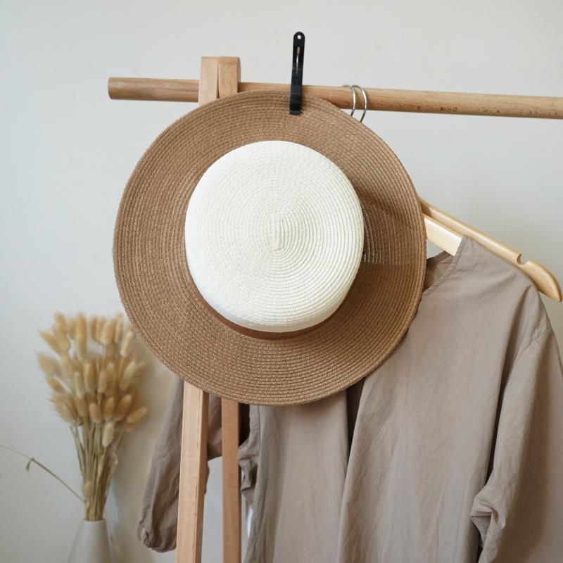 French Retro White Khaki Flat Top Top Top Hat Women'S Summer Sunshade Vacation Beach Sun Straw Hat Big Brim