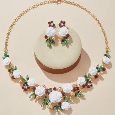 2 Pieces/set Bohemian Fashion Chain Flower Necklace Earrings, Women's Personalized Ethnic Style Festival Accessories Gift