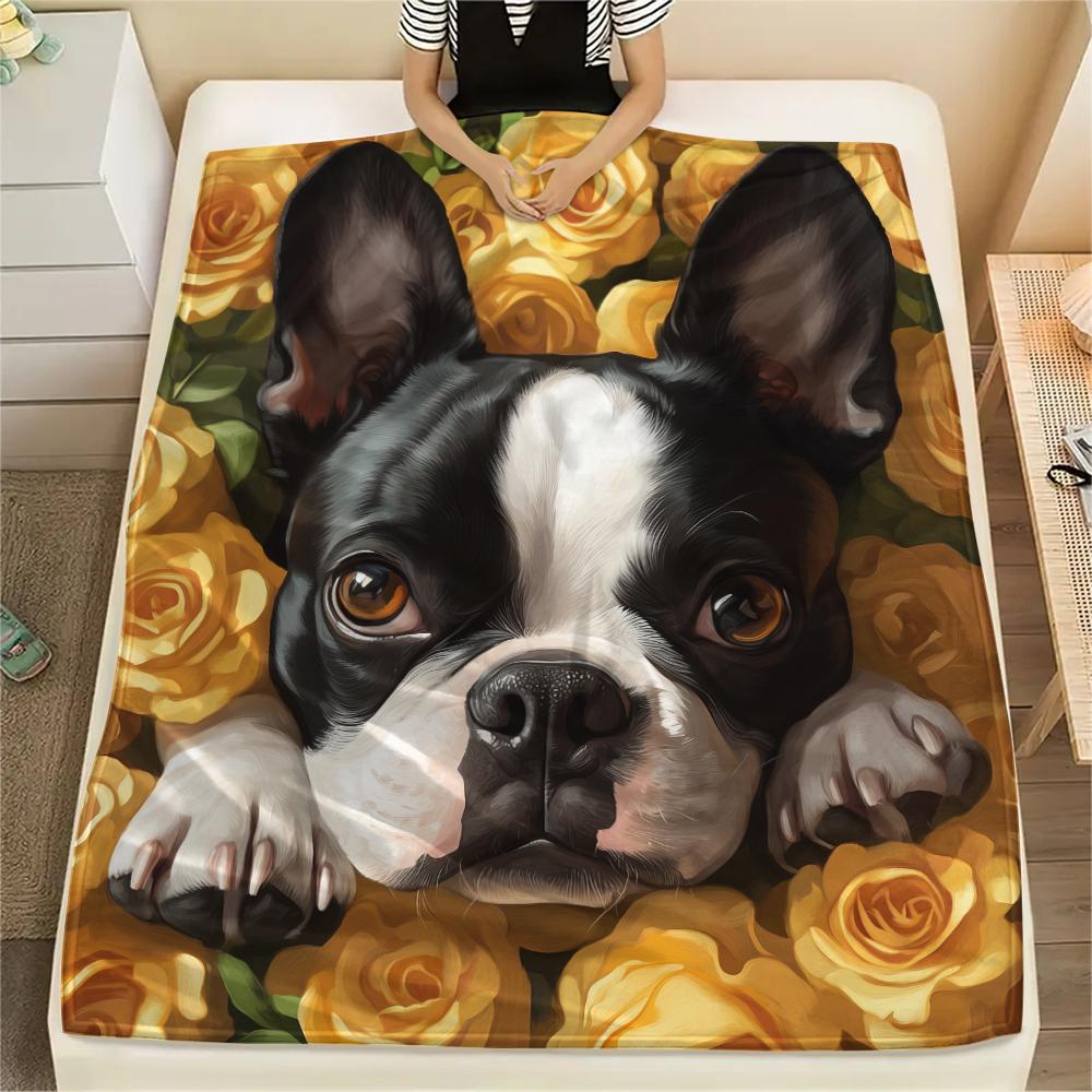 Boston Terrier and Roses Pattern Flannel Blanket, High Quality Comfortable for All Seasons, Home Decor, Warmth and Comfort, Perfect for Gifts.