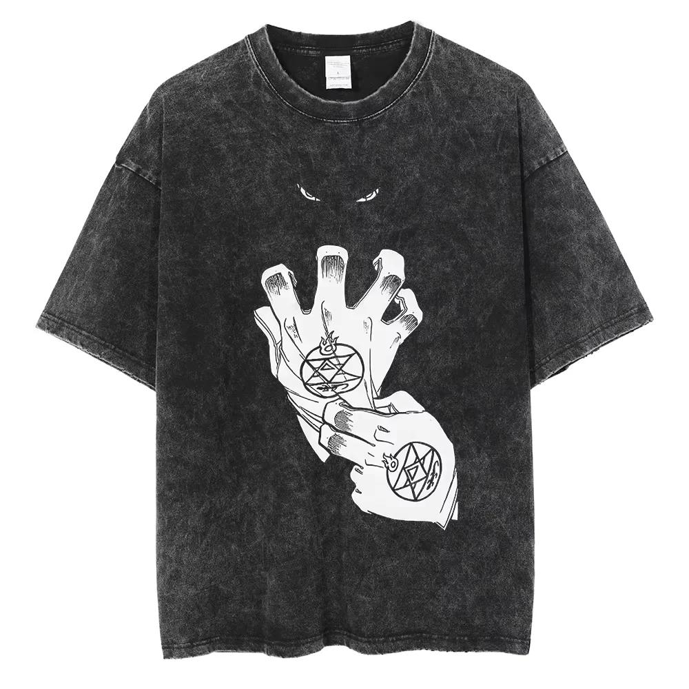 Anime Hellsing Alucard Graphic Washed T Shirt Men Vintage Manga T-shirts Street Cotton Tshirt Harajuku Male Casual Tops