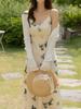Elegant French Resort-Style Off-The-Shoulder V-Neck Butterfly Print H-Line Dress for Women