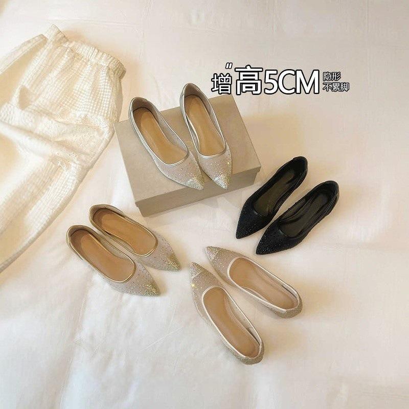 Mesh Pointed Inner Height Increase Shallow Mouth Single Shoes 2025 Summer New Versatile Rhinestone Breathable Sandals Flat Shoes