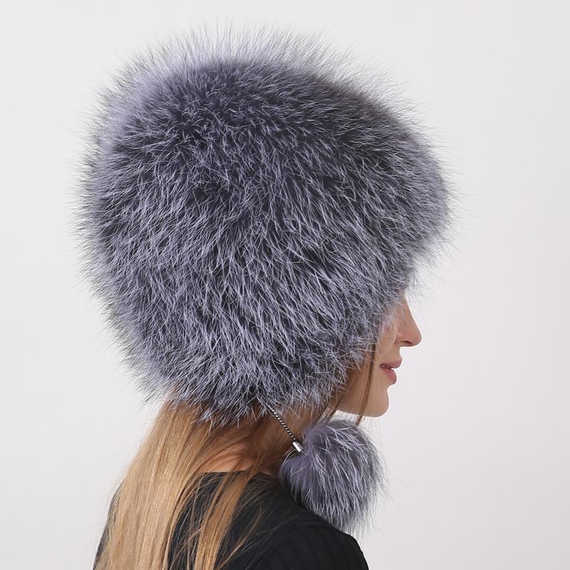 New Fashion Women's Fur Hat Fluffy Furry 2 Balls Knitted Natural Real Fox Fur Bomber Hats Warm Trapper Hat