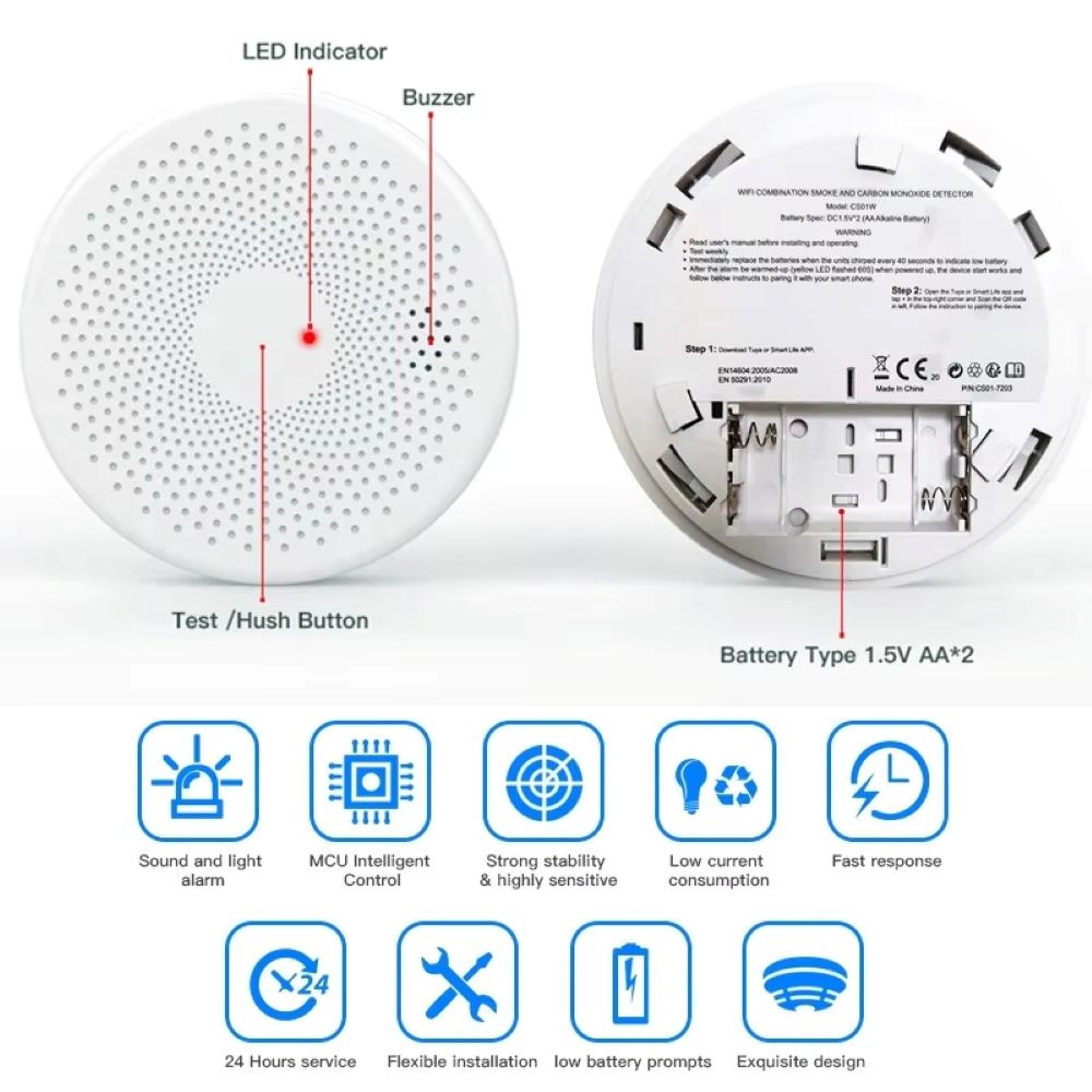 New 2in1 Version WiFi Tuya Smart Co & Smoke Detector Alarm Carbon Monoxide Parlor Room Kitchen Shop Fire PIR Sound Sensor Alert